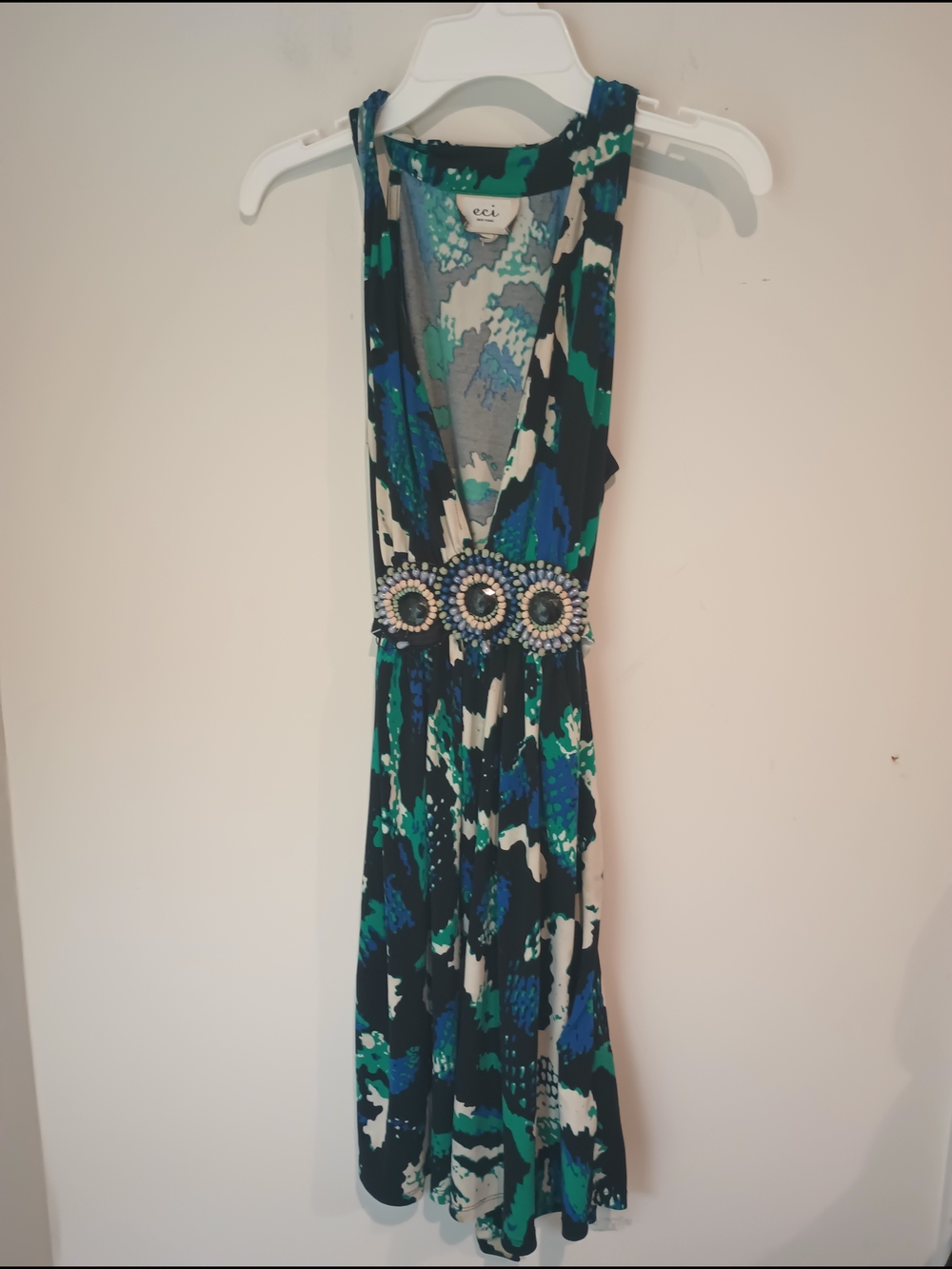 ECI Blue, Green & White One-Shoulder Floral Halter Dress with Jeweled Waist